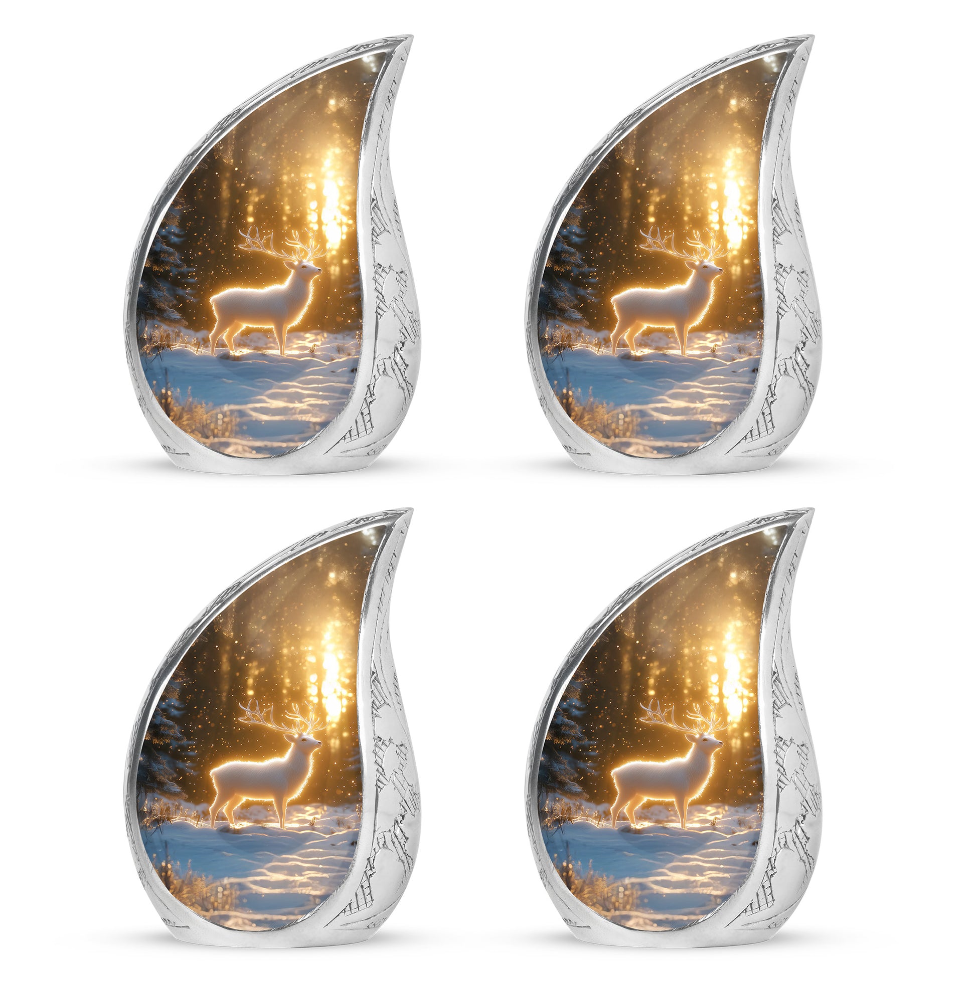 Antique Gold Deer Cremation Urn close-up of engraving and surface detail - flowing teardrop deer silhouette on curved aluminum - 10 inch aluminum urn for cremated remains