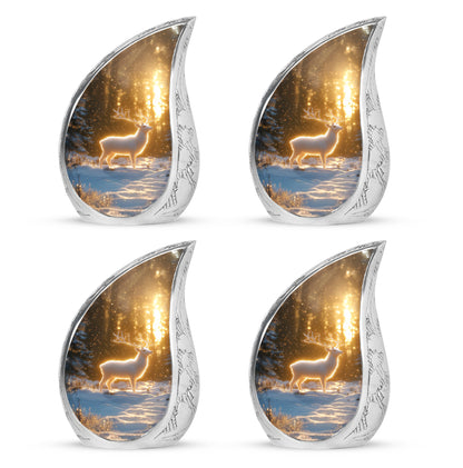 Antique Gold Deer Cremation Urn close-up of engraving and surface detail - flowing teardrop deer silhouette on curved aluminum - 10 inch aluminum urn for cremated remains