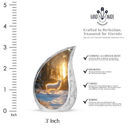 Amber Gold Deer Cremation Urn angled view of lid and engraved motif - rounded teardrop deer design with delicate detail - mini keepsake memorial for portion of cremation ashes