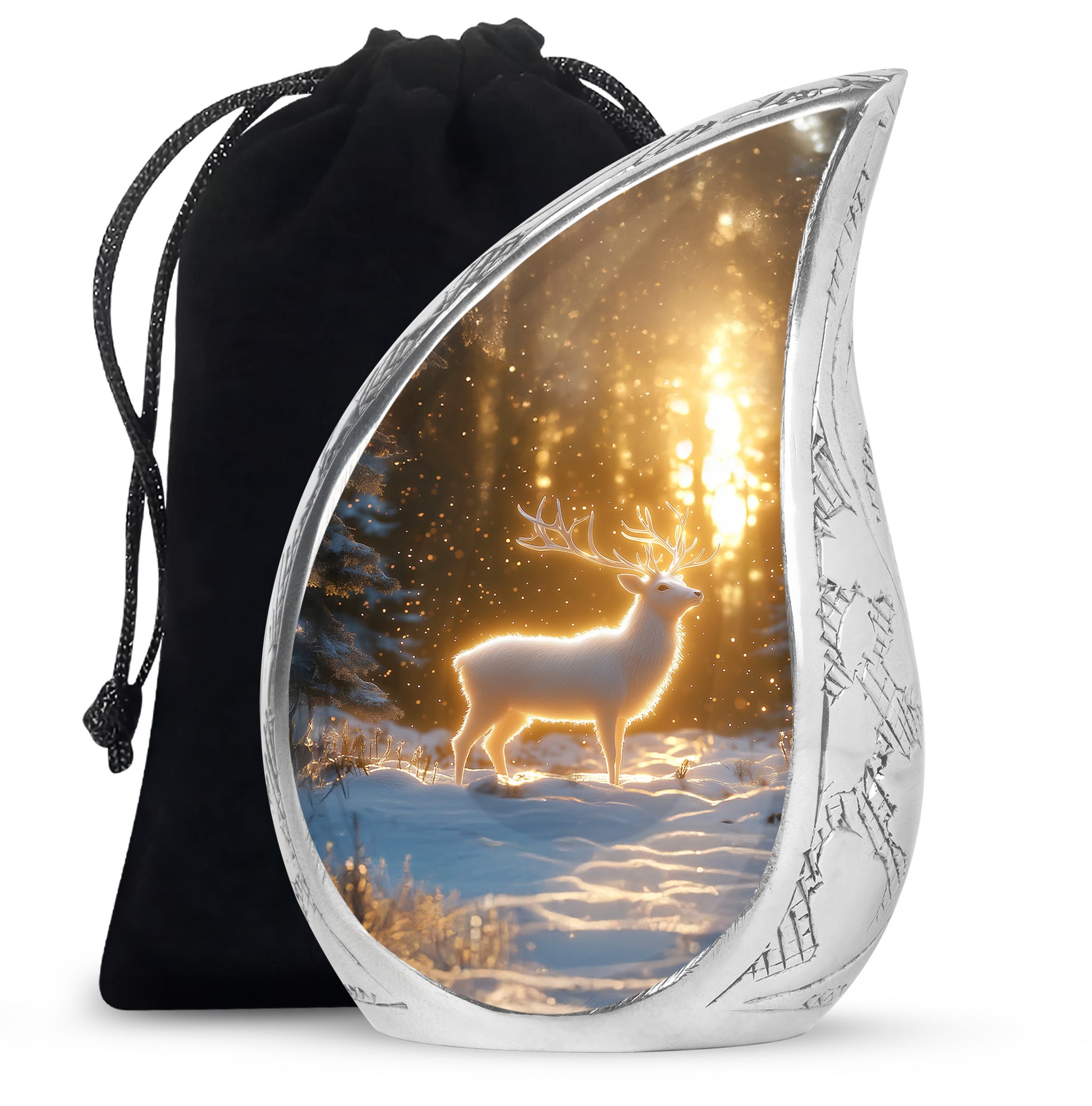 Sunrise Gold Deer Cremation Urn front view showing detailed design - flowing teardrop deer silhouette on curved aluminum - full-size 10 inch 200 cubic inch adult cremation urn