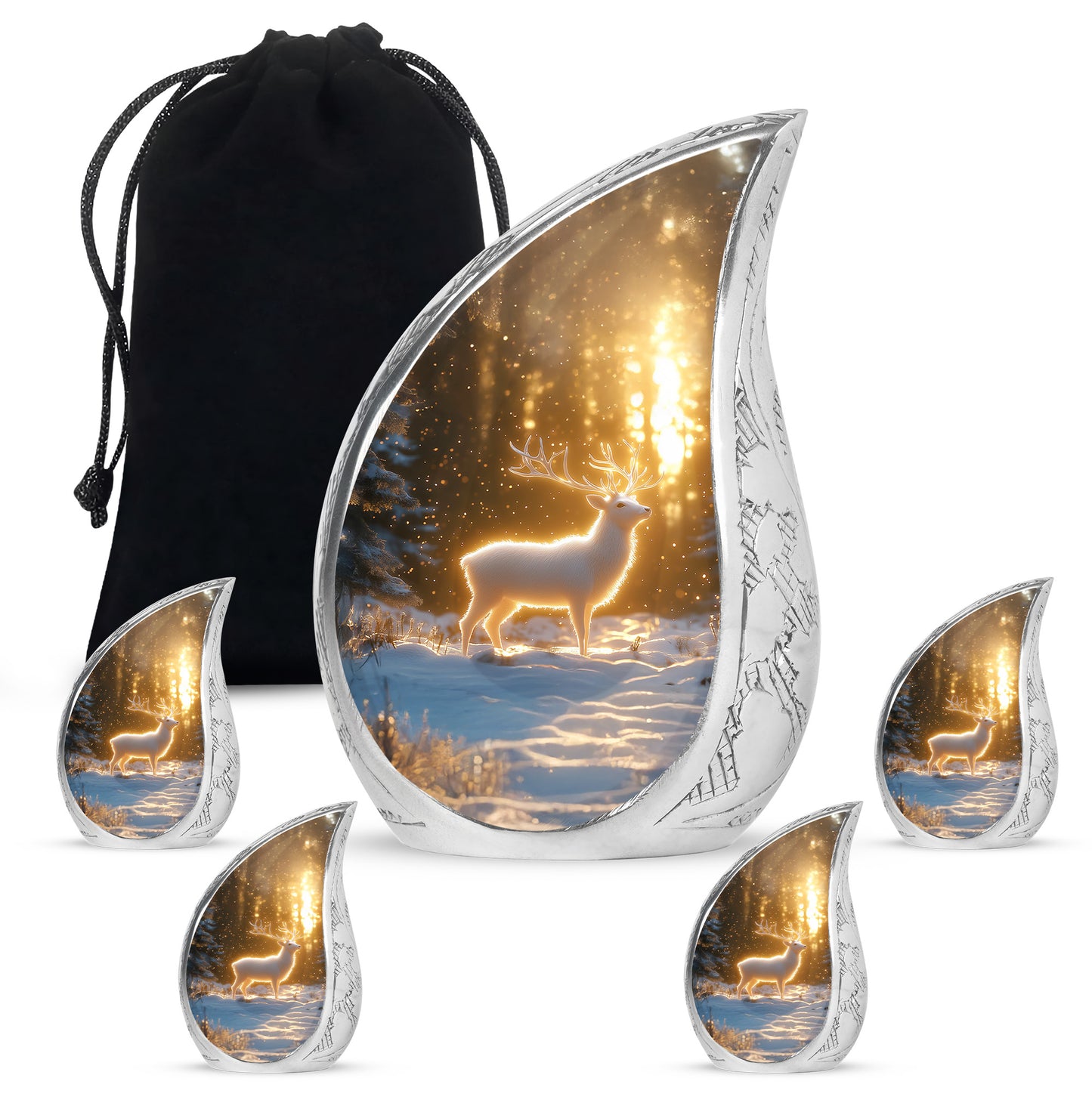Royal Gold Deer Cremation Urn side profile showing urn shape - smooth teardrop contour featuring deer art - memorial set with one large and four small urns