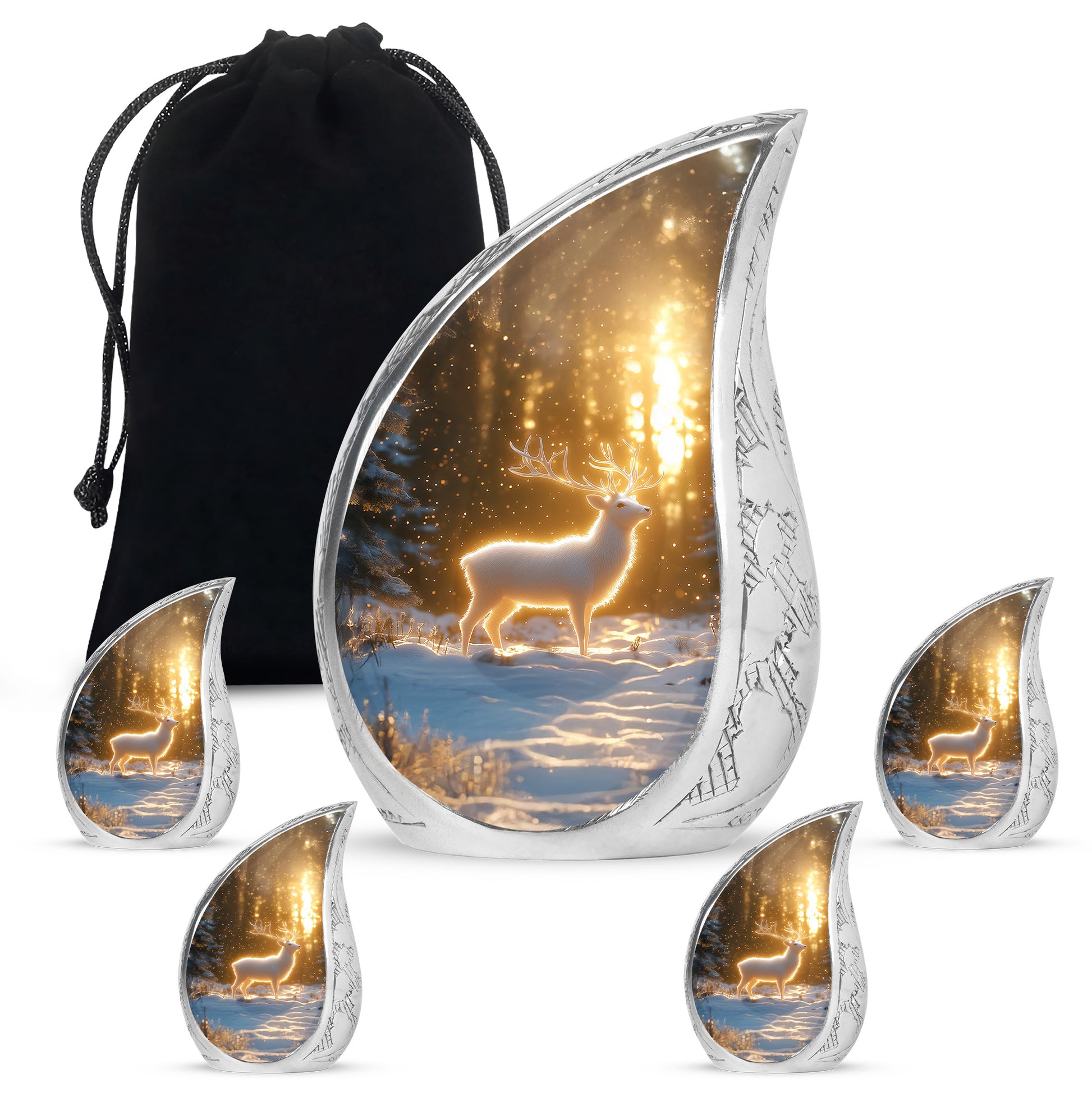 Royal Gold Deer Cremation Urn side profile showing urn shape - smooth teardrop contour featuring deer art - memorial set with one large and four small urns