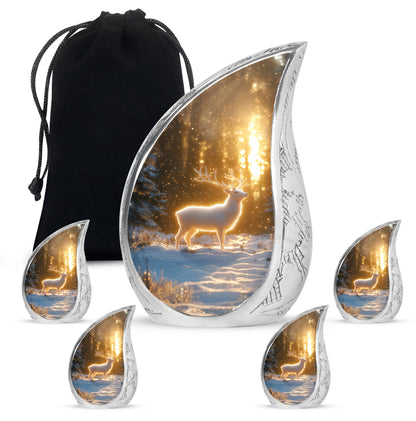 Royal Gold Deer Cremation Urn side profile showing urn shape - smooth teardrop contour featuring deer art - memorial set with one large and four small urns