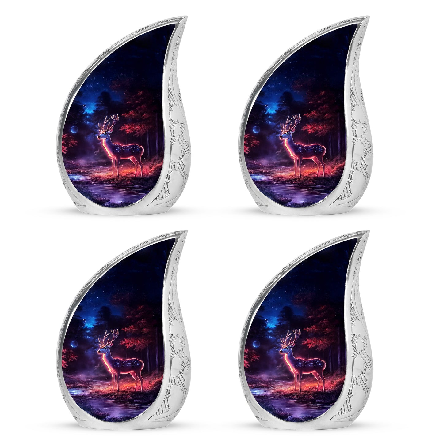 Charcoal Black Deer Cremation Urn close-up of engraving and surface detail - graceful tear-shaped urn with deer motif - 10 inch aluminum urn for cremated remains
