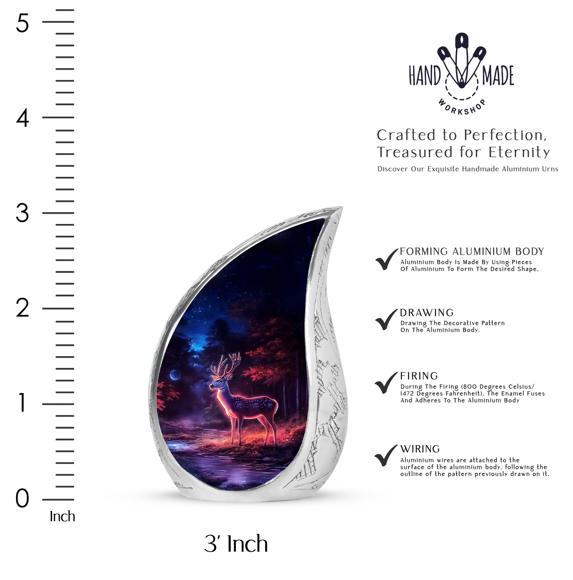 Ebony Deer Cremation Urn angled view of lid and engraved motif - flowing teardrop deer silhouette on curved aluminum - mini keepsake memorial for portion of cremation ashes
