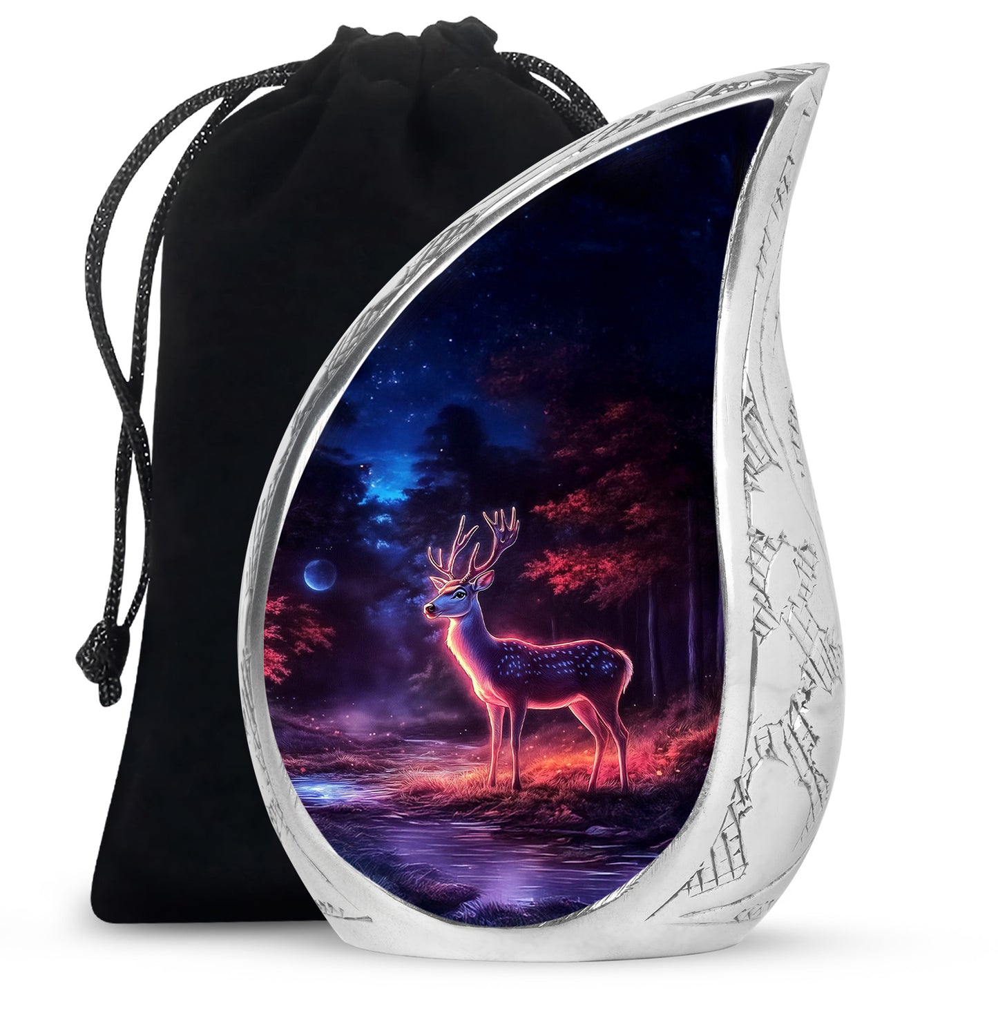 Rich Black Deer Cremation Urn front view showing detailed design - flowing teardrop deer silhouette on curved aluminum - full-size 10 inch 200 cubic inch adult cremation urn