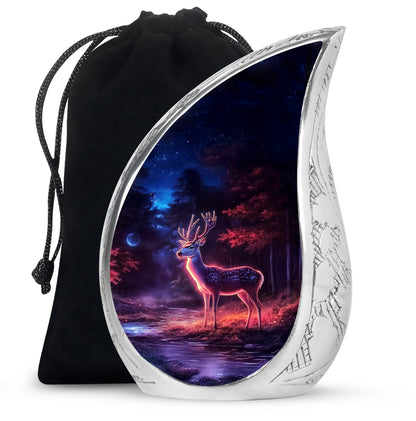 Rich Black Deer Cremation Urn front view showing detailed design - flowing teardrop deer silhouette on curved aluminum - full-size 10 inch 200 cubic inch adult cremation urn