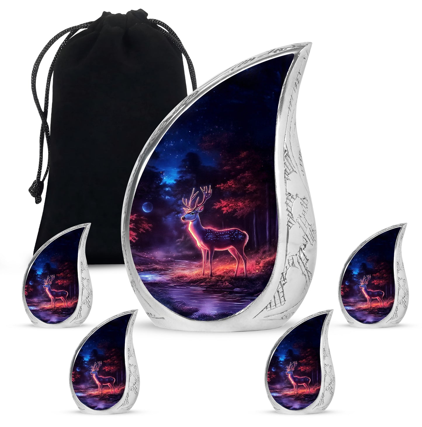 Jet Black Deer Cremation Urn side profile showing urn shape - flowing teardrop deer silhouette on curved aluminum - memorial set with one large and four small urns