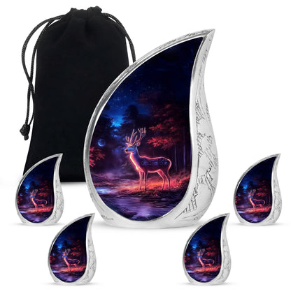 Jet Black Deer Cremation Urn side profile showing urn shape - flowing teardrop deer silhouette on curved aluminum - memorial set with one large and four small urns