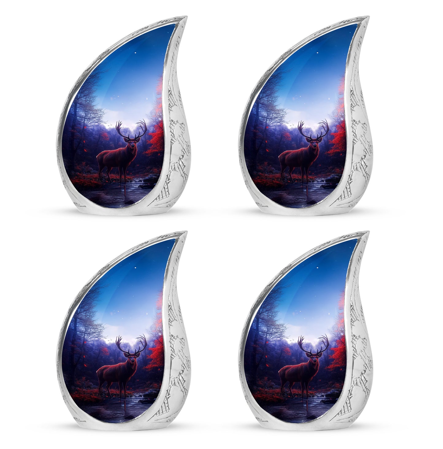 Steel Blue Deer Cremation Urn close-up of engraving and surface detail - smooth teardrop contour featuring deer art - 10 inch aluminum urn for cremated remains