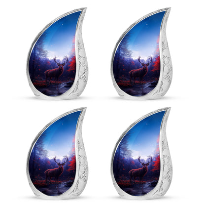 Steel Blue Deer Cremation Urn close-up of engraving and surface detail - smooth teardrop contour featuring deer art - 10 inch aluminum urn for cremated remains