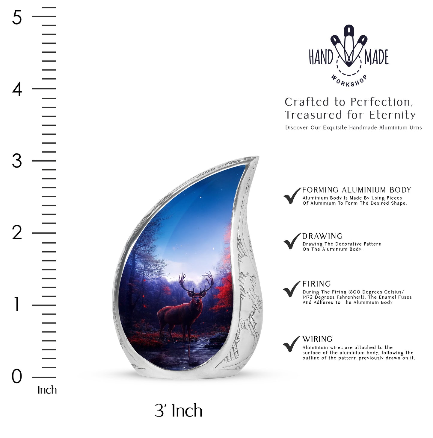Sky Blue Deer Cremation Urn angled view of lid and engraved motif - rounded teardrop deer design with delicate detail - mini keepsake memorial for portion of cremation ashes