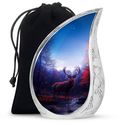 Serene Blue Deer Cremation Urn front view showing detailed design - smooth teardrop contour featuring deer art - full-size 10 inch 200 cubic inch adult cremation urn