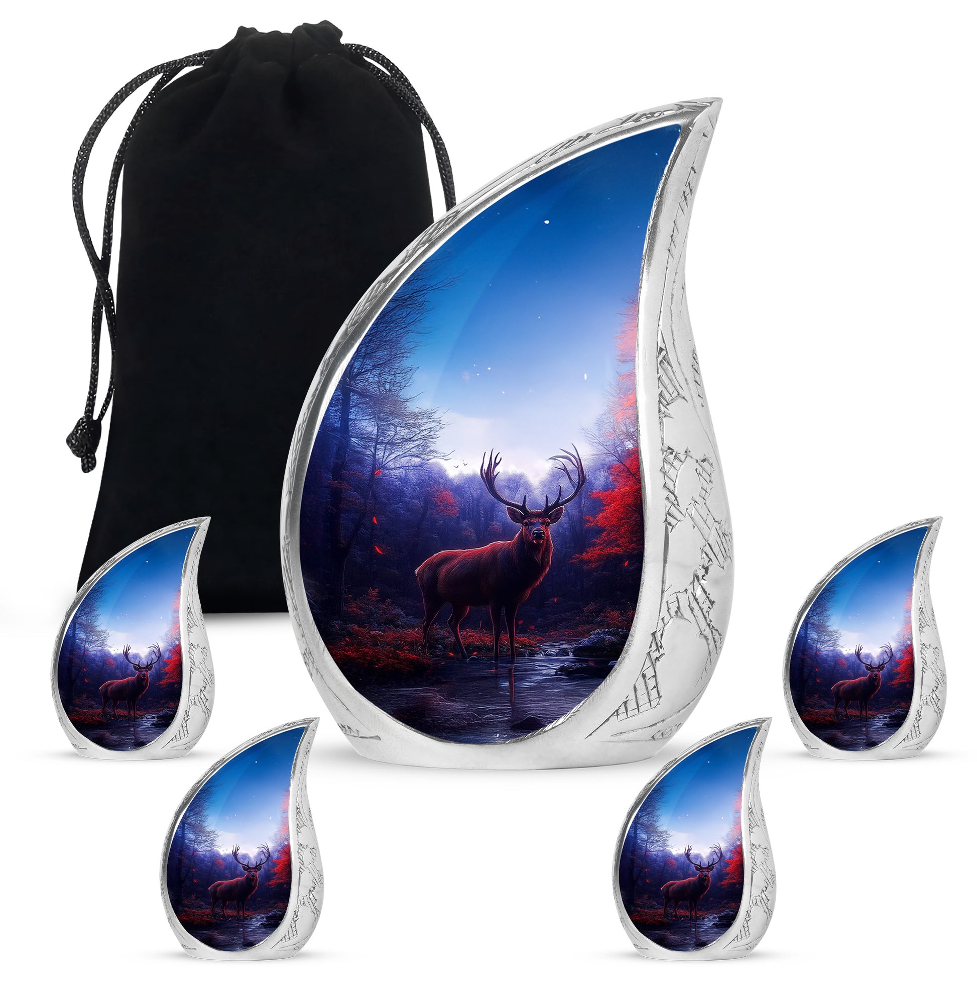 Vivid Blue Deer Cremation Urn side profile showing urn shape - graceful tear-shaped urn with deer motif - memorial set with one large and four small urns