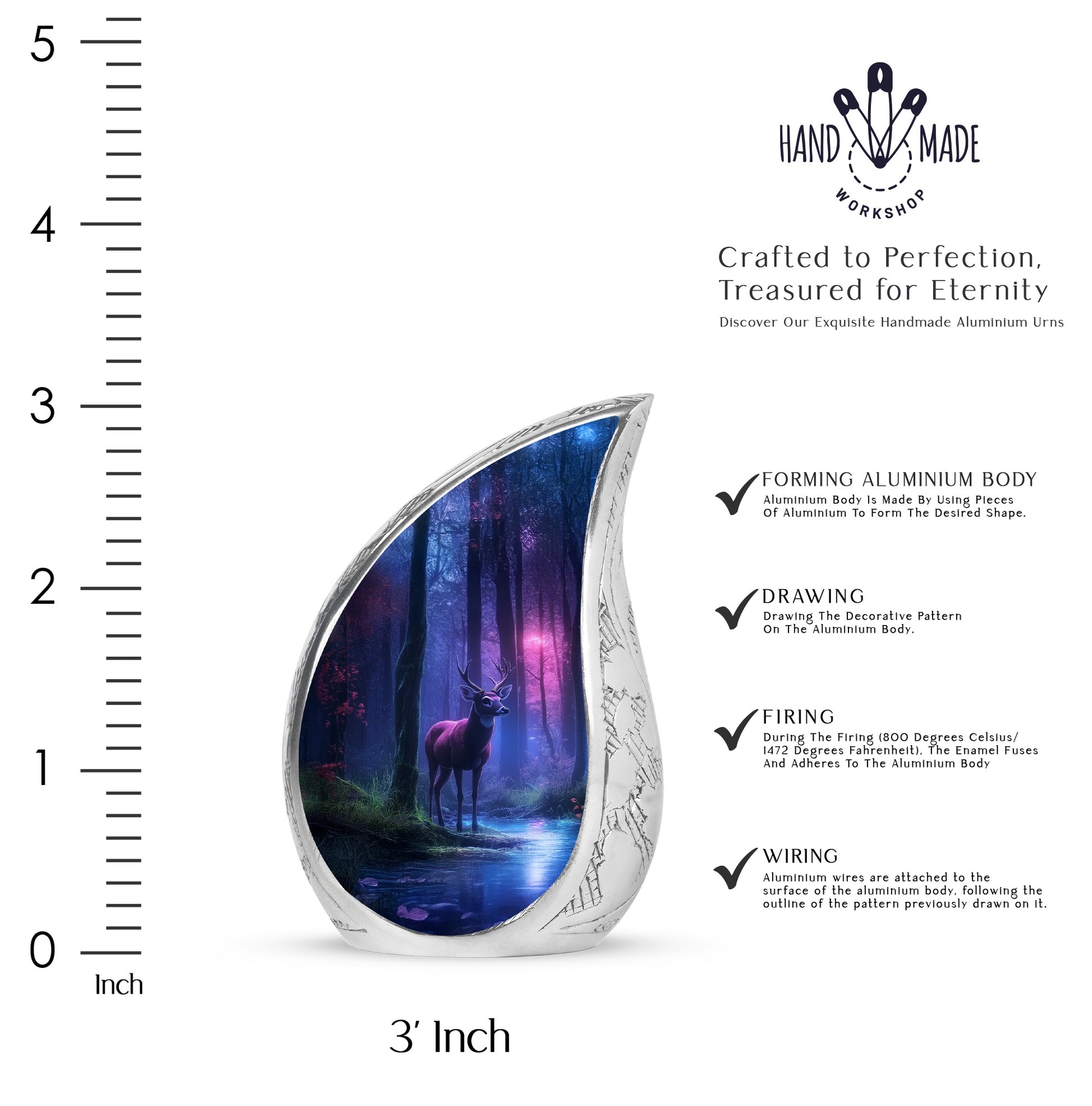 Powder Blue Deer Cremation Urn angled view of lid and engraved motif - rounded teardrop deer design with delicate detail - mini keepsake memorial for portion of cremation ashes