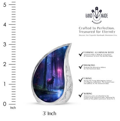 Powder Blue Deer Cremation Urn angled view of lid and engraved motif - rounded teardrop deer design with delicate detail - mini keepsake memorial for portion of cremation ashes