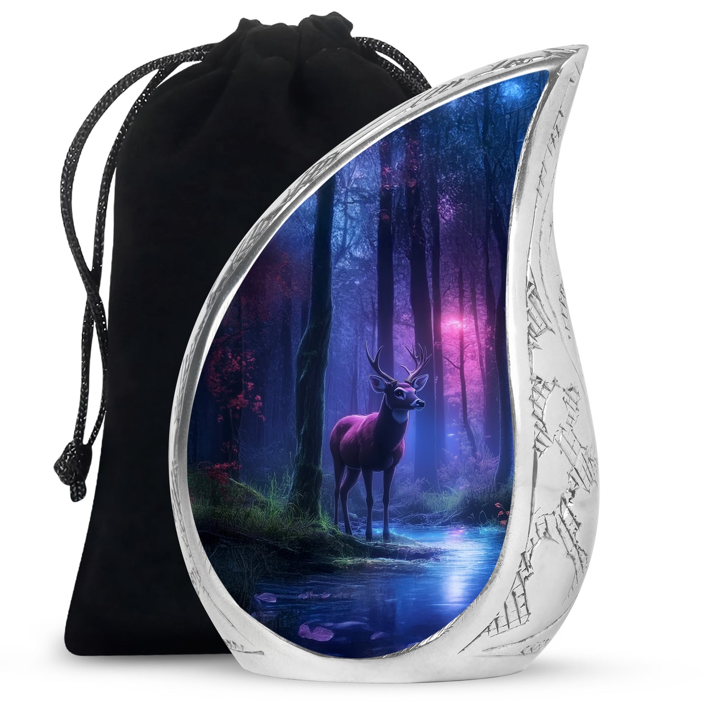 Pastel Blue Deer Cremation Urn front view showing detailed design - flowing teardrop deer silhouette on curved aluminum - full-size 10 inch 200 cubic inch adult cremation urn