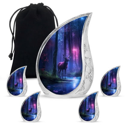 Slate Blue Deer Cremation Urn side profile showing urn shape - flowing teardrop deer silhouette on curved aluminum - memorial set with one large and four small urns