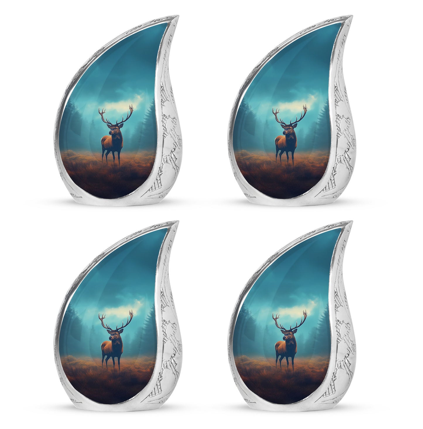 Aqua Teal Deer Cremation Urn close-up of engraving and surface detail - smooth teardrop contour featuring deer art - 10 inch aluminum urn for cremated remains
