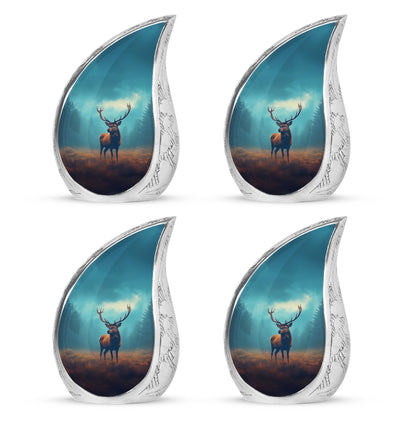 Aqua Teal Deer Cremation Urn close-up of engraving and surface detail - smooth teardrop contour featuring deer art - 10 inch aluminum urn for cremated remains