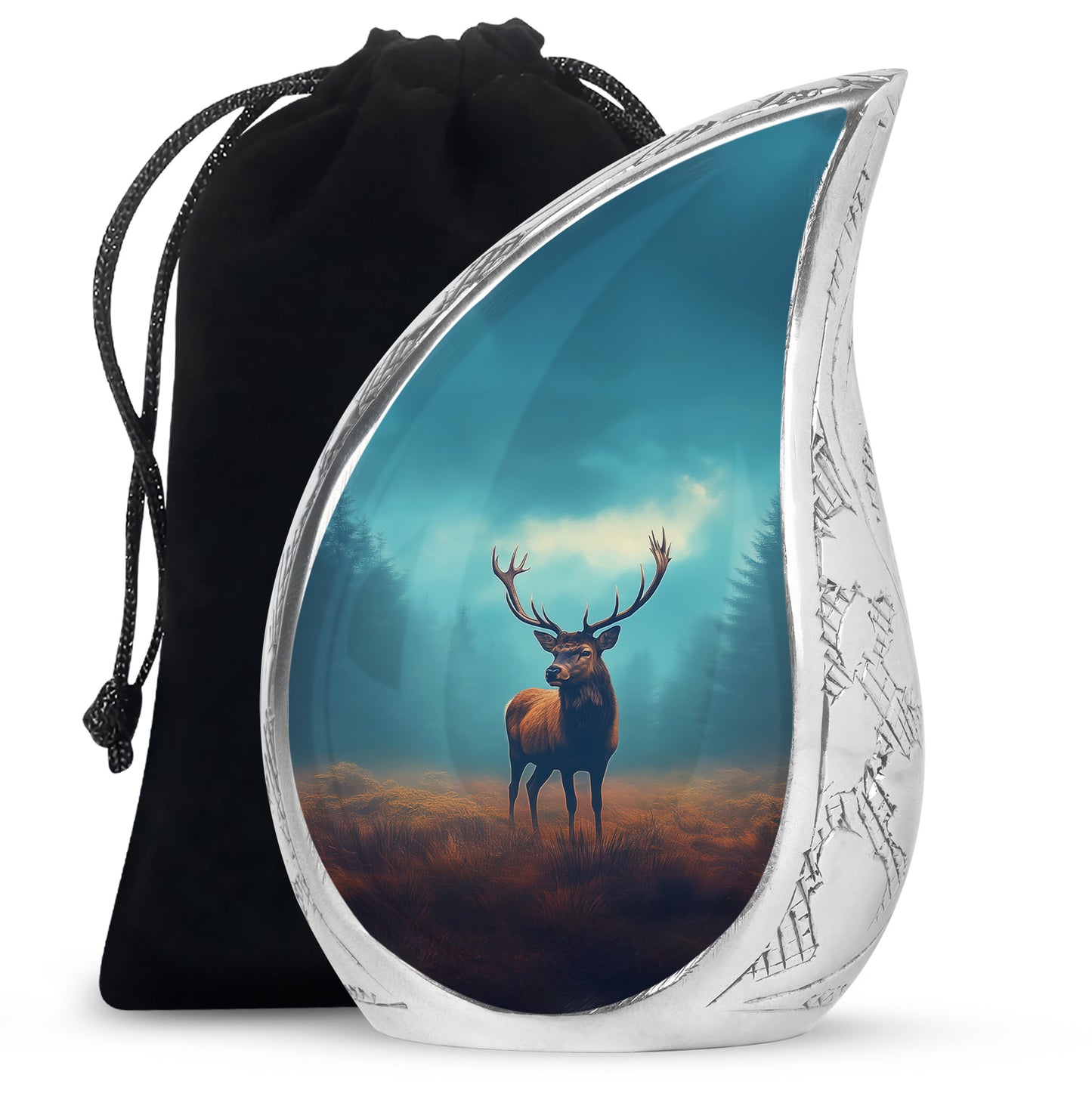 Soft Teal Deer Cremation Urn front view showing detailed design - flowing teardrop deer silhouette on curved aluminum - full-size 10 inch 200 cubic inch adult cremation urn