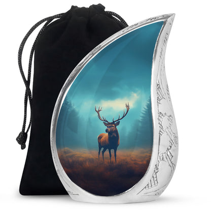 Soft Teal Deer Cremation Urn front view showing detailed design - flowing teardrop deer silhouette on curved aluminum - full-size 10 inch 200 cubic inch adult cremation urn
