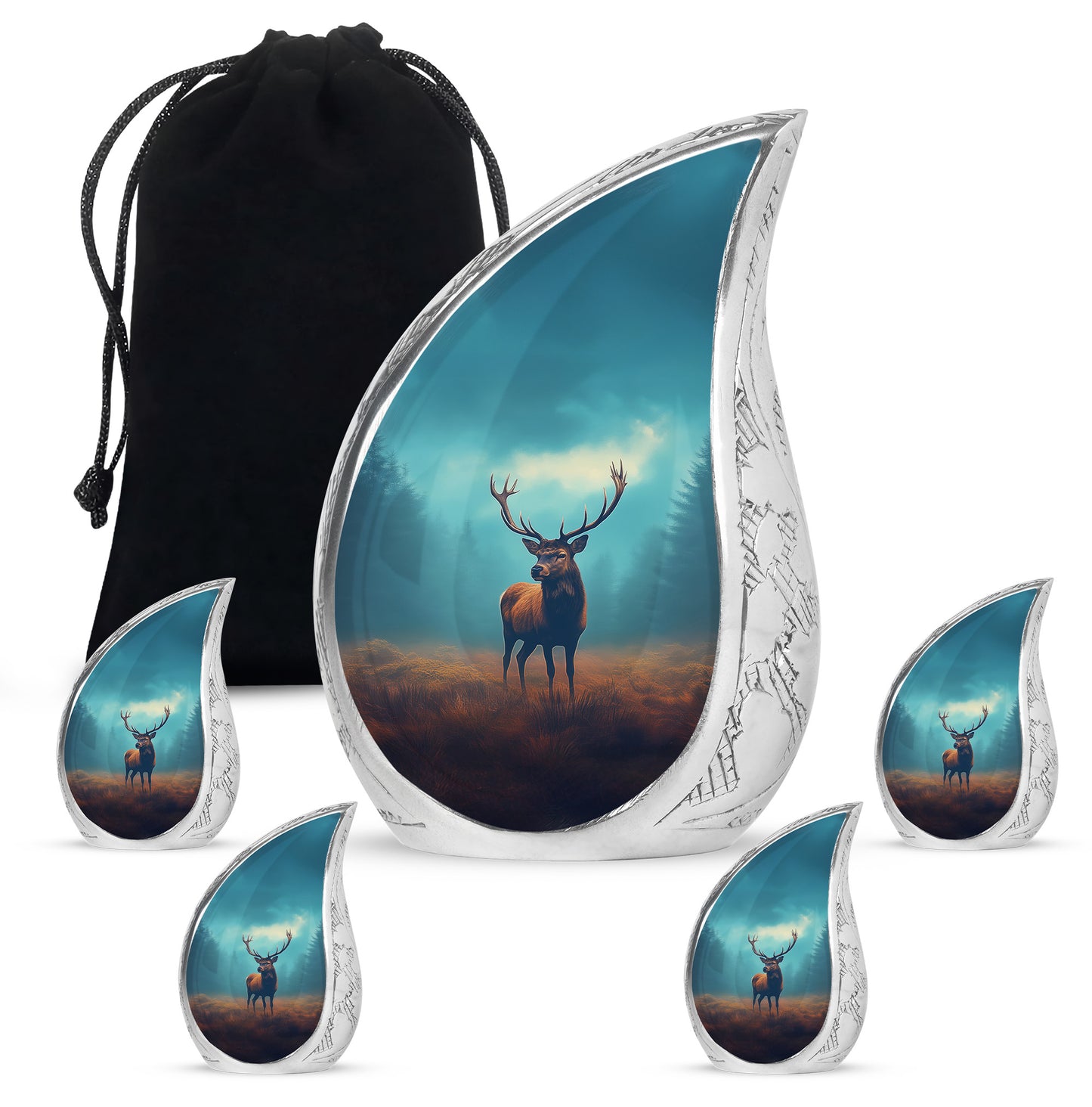 Vivid Teal Deer Cremation Urn side profile showing urn shape - graceful tear-shaped urn with deer motif - memorial set with one large and four small urns