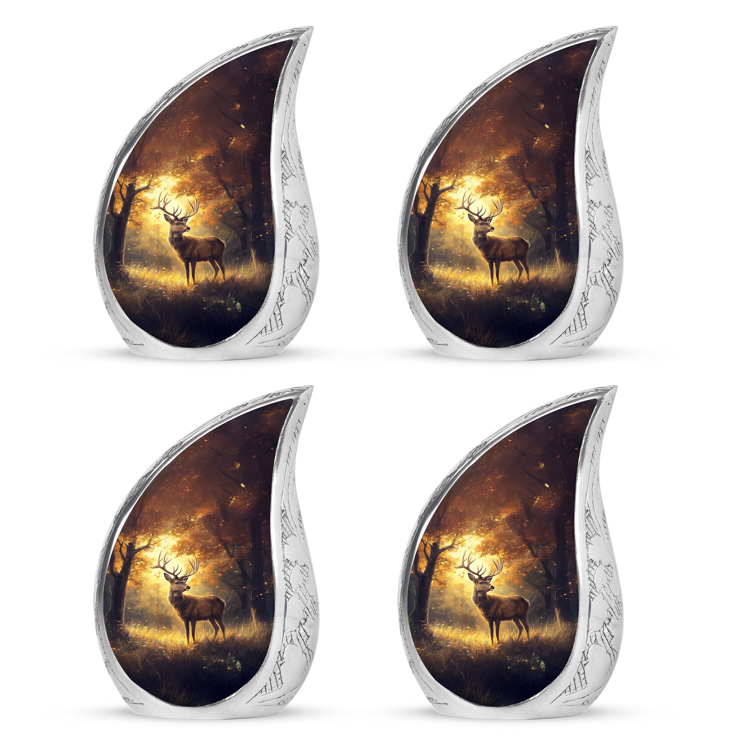 Champagne Gold Deer Cremation Urn close-up of engraving and surface detail - rounded teardrop deer design with delicate detail - 10 inch aluminum urn for cremated remains