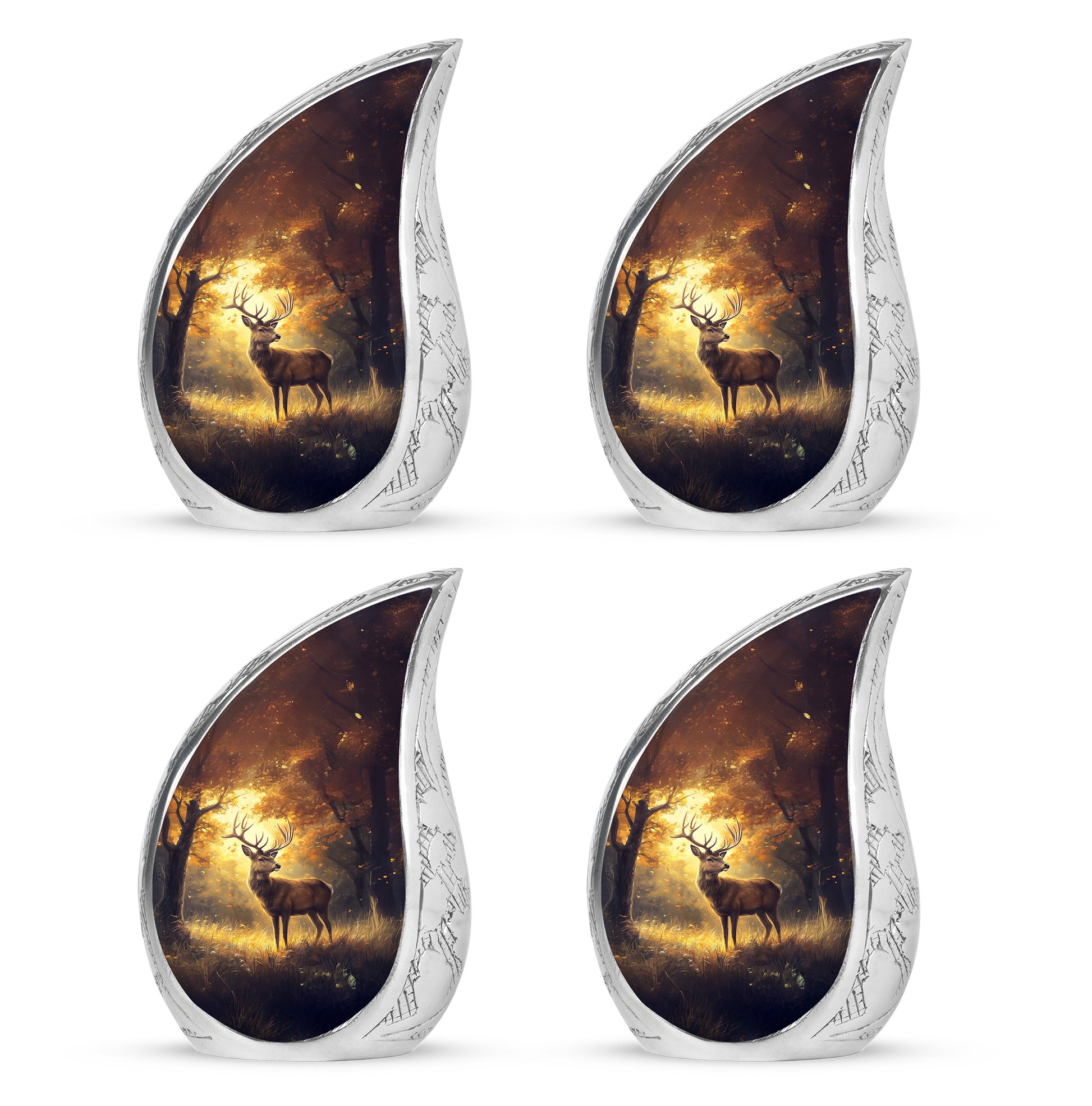 Champagne Gold Deer Cremation Urn close-up of engraving and surface detail - rounded teardrop deer design with delicate detail - 10 inch aluminum urn for cremated remains