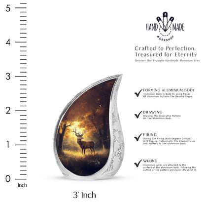 Gilded Gold Deer Cremation Urn angled view of lid and engraved motif - rounded teardrop deer design with delicate detail - mini keepsake memorial for portion of cremation ashes
