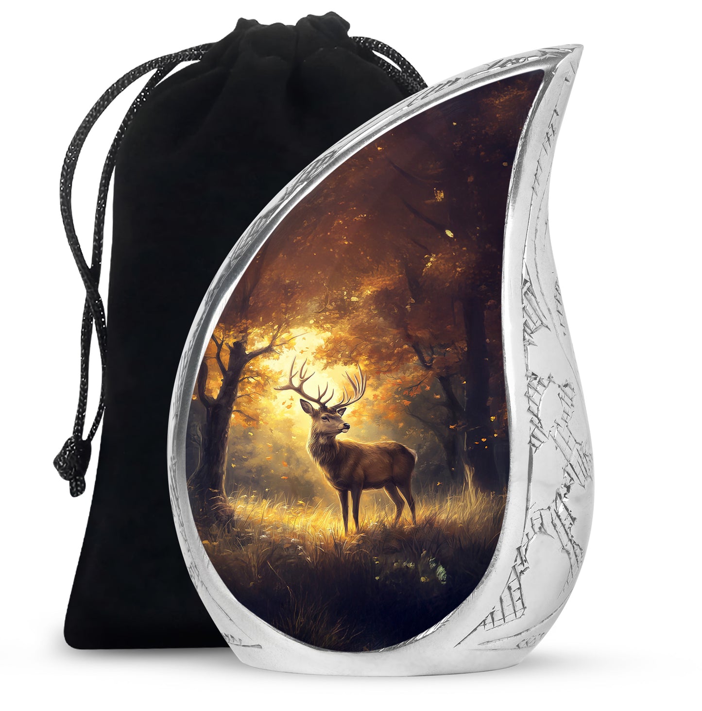 Warm Gold Deer Cremation Urn front view showing detailed design - graceful tear-shaped urn with deer motif - full-size 10 inch 200 cubic inch adult cremation urn