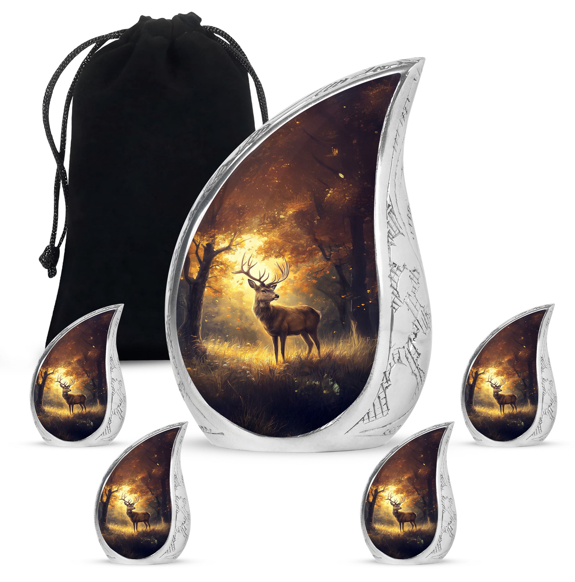 Amber Gold Deer Cremation Urn side profile showing urn shape - rounded teardrop deer design with delicate detail - memorial set with one large and four small urns