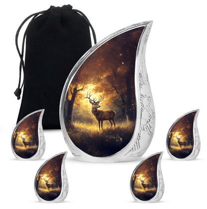 Amber Gold Deer Cremation Urn side profile showing urn shape - rounded teardrop deer design with delicate detail - memorial set with one large and four small urns