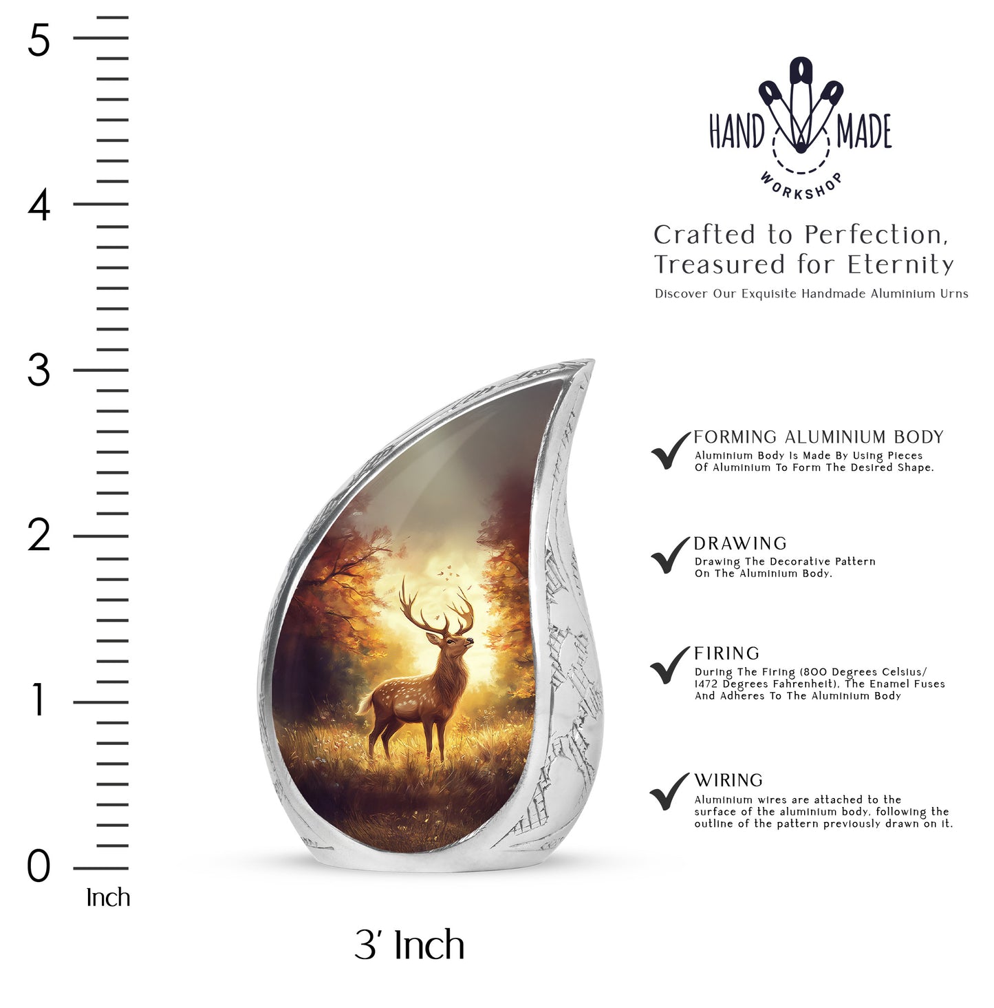 Fiery Red Deer Cremation Urn angled view of lid and engraved motif - graceful tear-shaped urn with deer motif - mini keepsake memorial for portion of cremation ashes