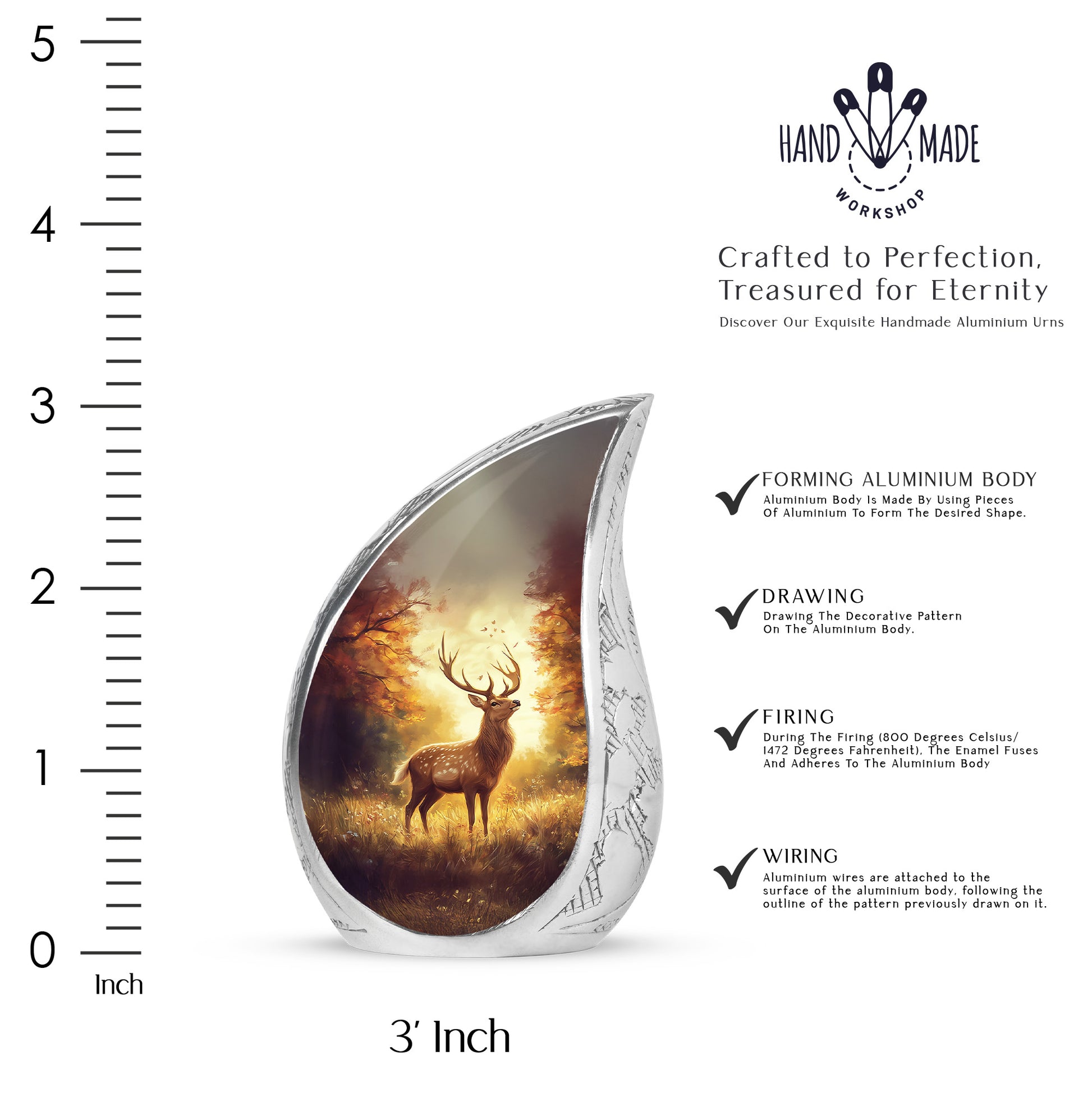 Fiery Red Deer Cremation Urn angled view of lid and engraved motif - graceful tear-shaped urn with deer motif - mini keepsake memorial for portion of cremation ashes