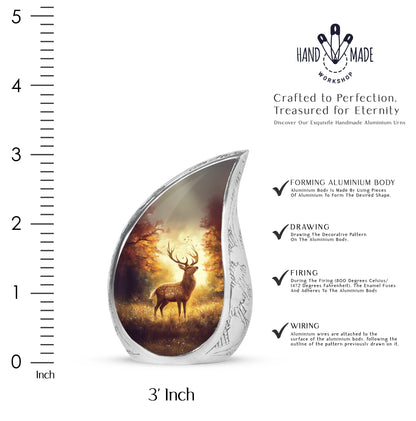 Fiery Red Deer Cremation Urn angled view of lid and engraved motif - graceful tear-shaped urn with deer motif - mini keepsake memorial for portion of cremation ashes