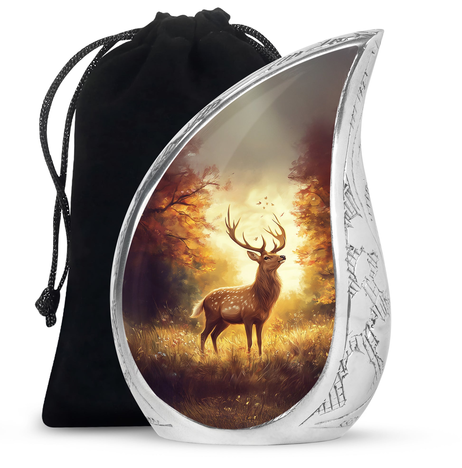 Garnet Red Deer Cremation Urn front view showing detailed design - flowing teardrop deer silhouette on curved aluminum - full-size 10 inch 200 cubic inch adult cremation urn