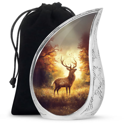 Garnet Red Deer Cremation Urn front view showing detailed design - flowing teardrop deer silhouette on curved aluminum - full-size 10 inch 200 cubic inch adult cremation urn