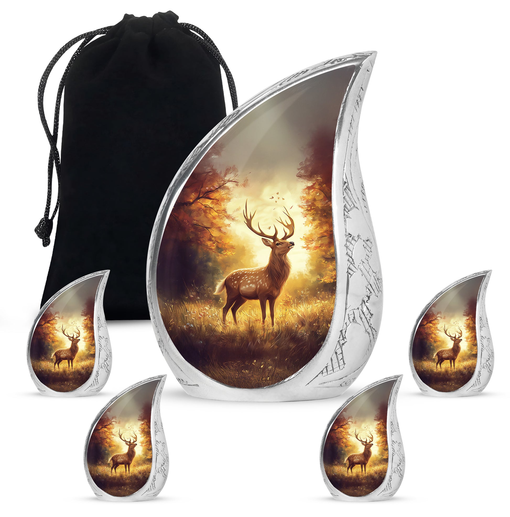 Rich Red Deer Cremation Urn side profile showing urn shape - graceful tear-shaped urn with deer motif - memorial set with one large and four small urns