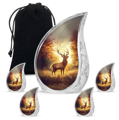 Rich Red Deer Cremation Urn side profile showing urn shape - graceful tear-shaped urn with deer motif - memorial set with one large and four small urns
