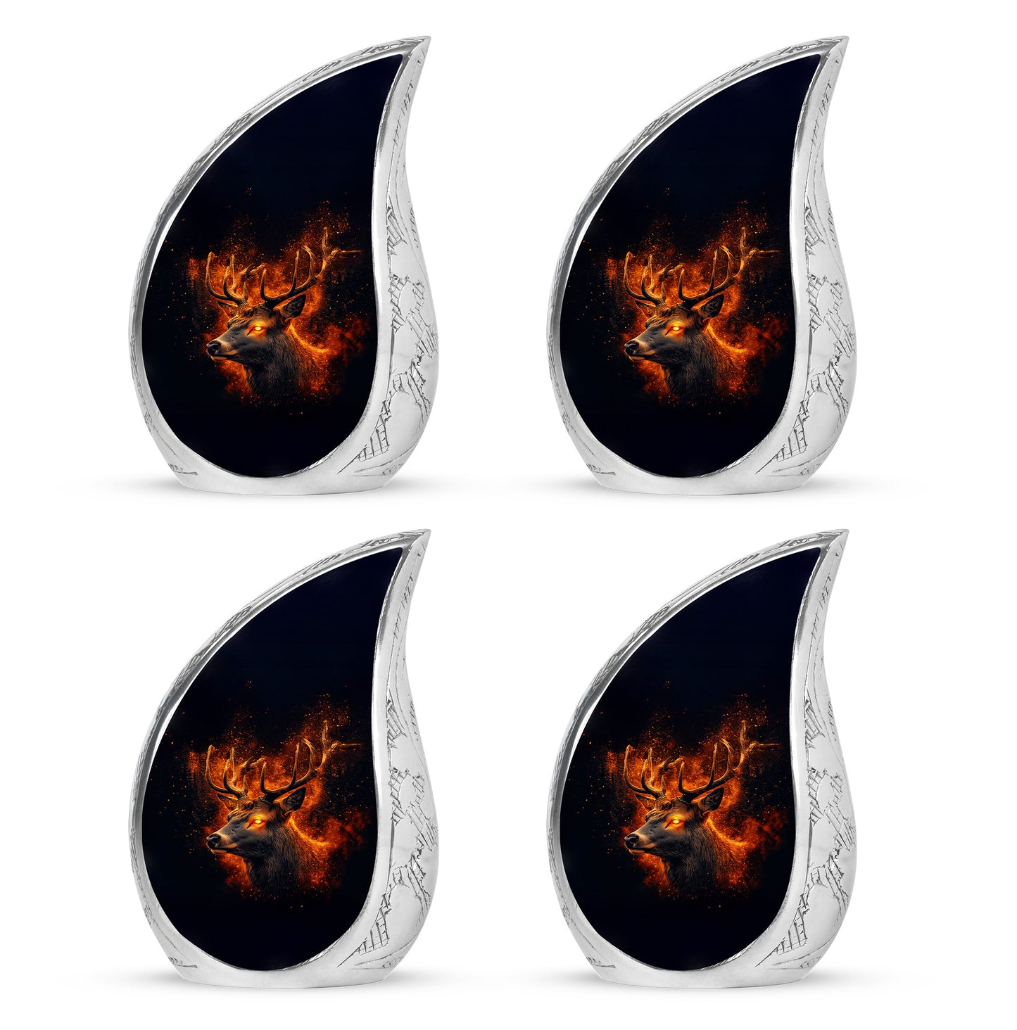 Glossy Black Deer Cremation Urn close-up of engraving and surface detail - flowing teardrop deer silhouette on curved aluminum - 10 inch aluminum urn for cremated remains