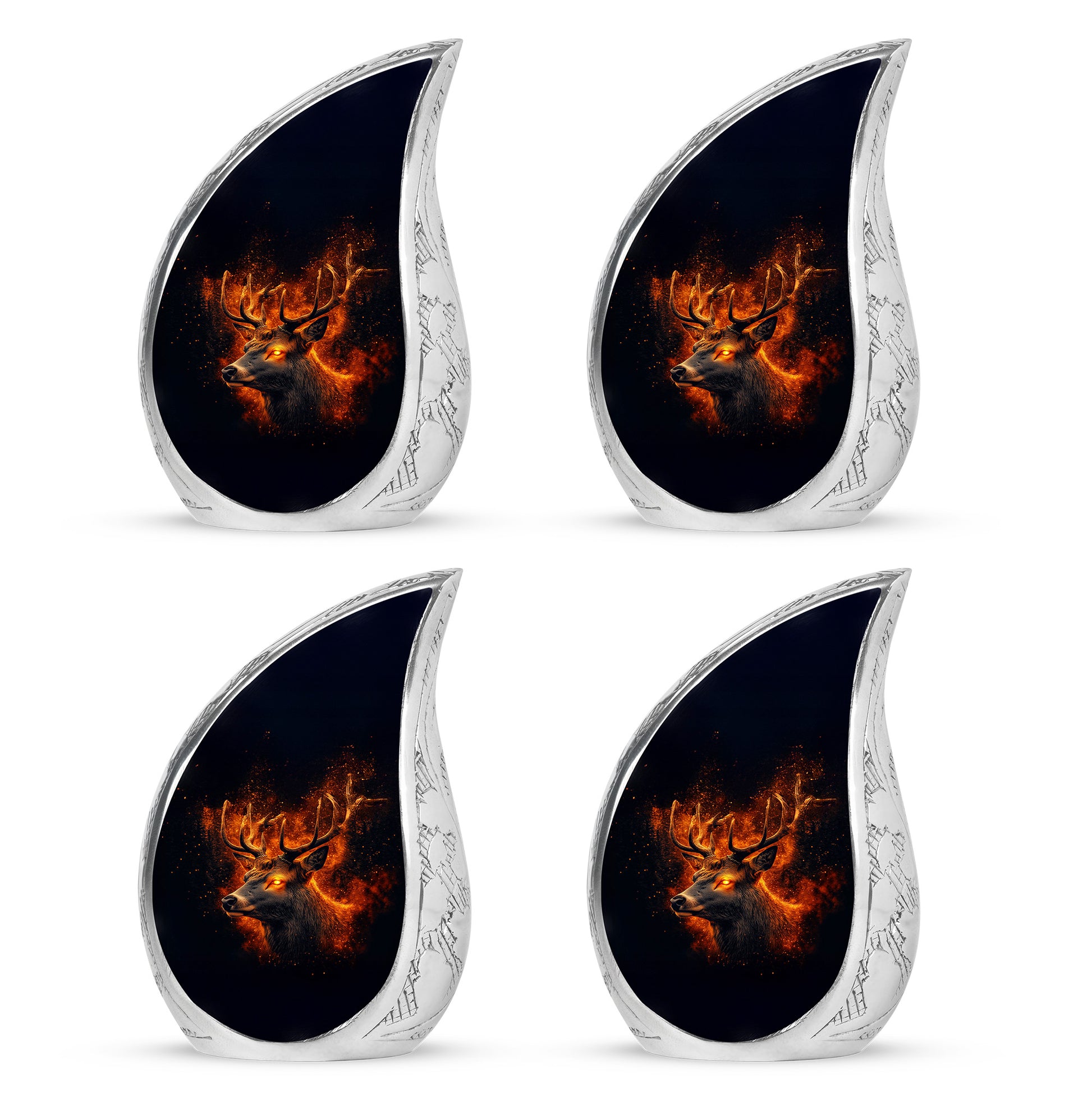 Glossy Black Deer Cremation Urn close-up of engraving and surface detail - flowing teardrop deer silhouette on curved aluminum - 10 inch aluminum urn for cremated remains