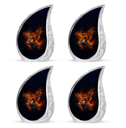 Glossy Black Deer Cremation Urn close-up of engraving and surface detail - flowing teardrop deer silhouette on curved aluminum - 10 inch aluminum urn for cremated remains