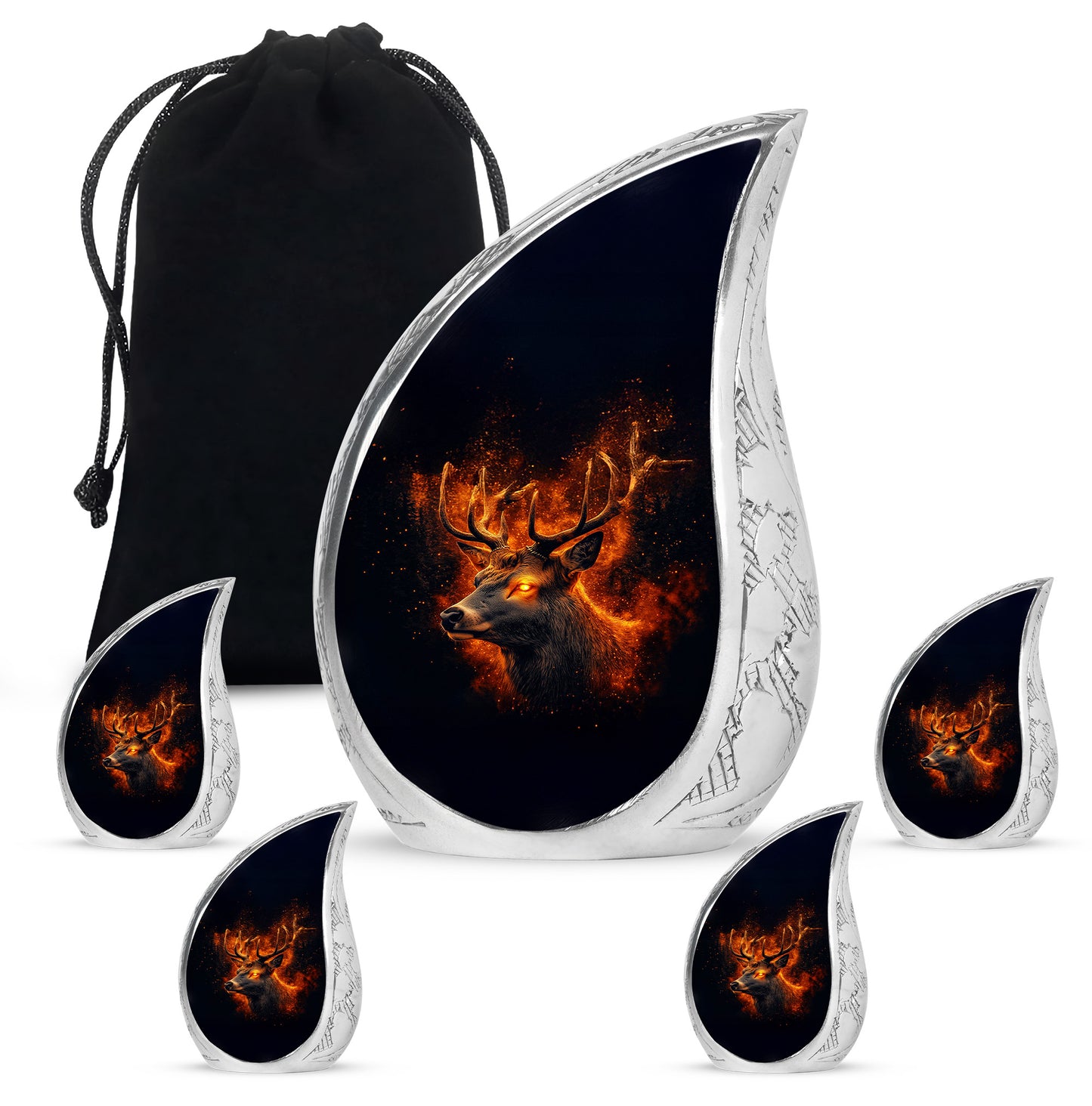 Midnight Black Deer Cremation Urn side profile showing urn shape - smooth teardrop contour featuring deer art - memorial set with one large and four small urns