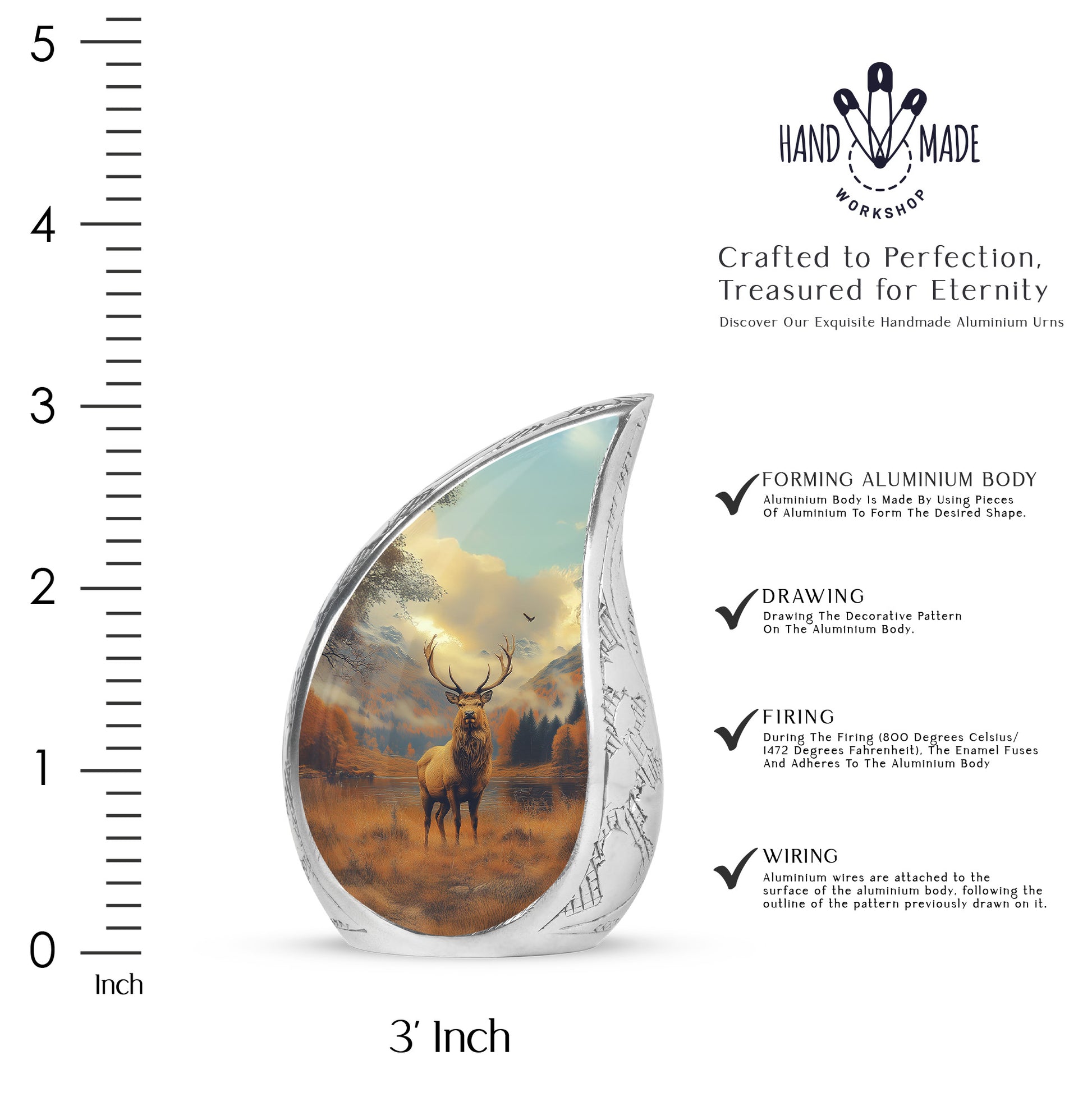 Antique Gold Deer Cremation Urn angled view of lid and engraved motif - flowing teardrop deer silhouette on curved aluminum - mini keepsake memorial for portion of cremation ashes