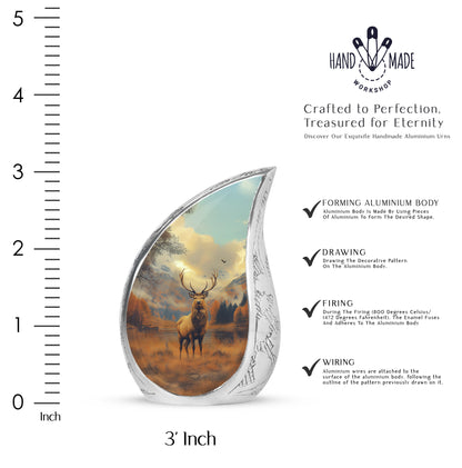 Antique Gold Deer Cremation Urn angled view of lid and engraved motif - flowing teardrop deer silhouette on curved aluminum - mini keepsake memorial for portion of cremation ashes