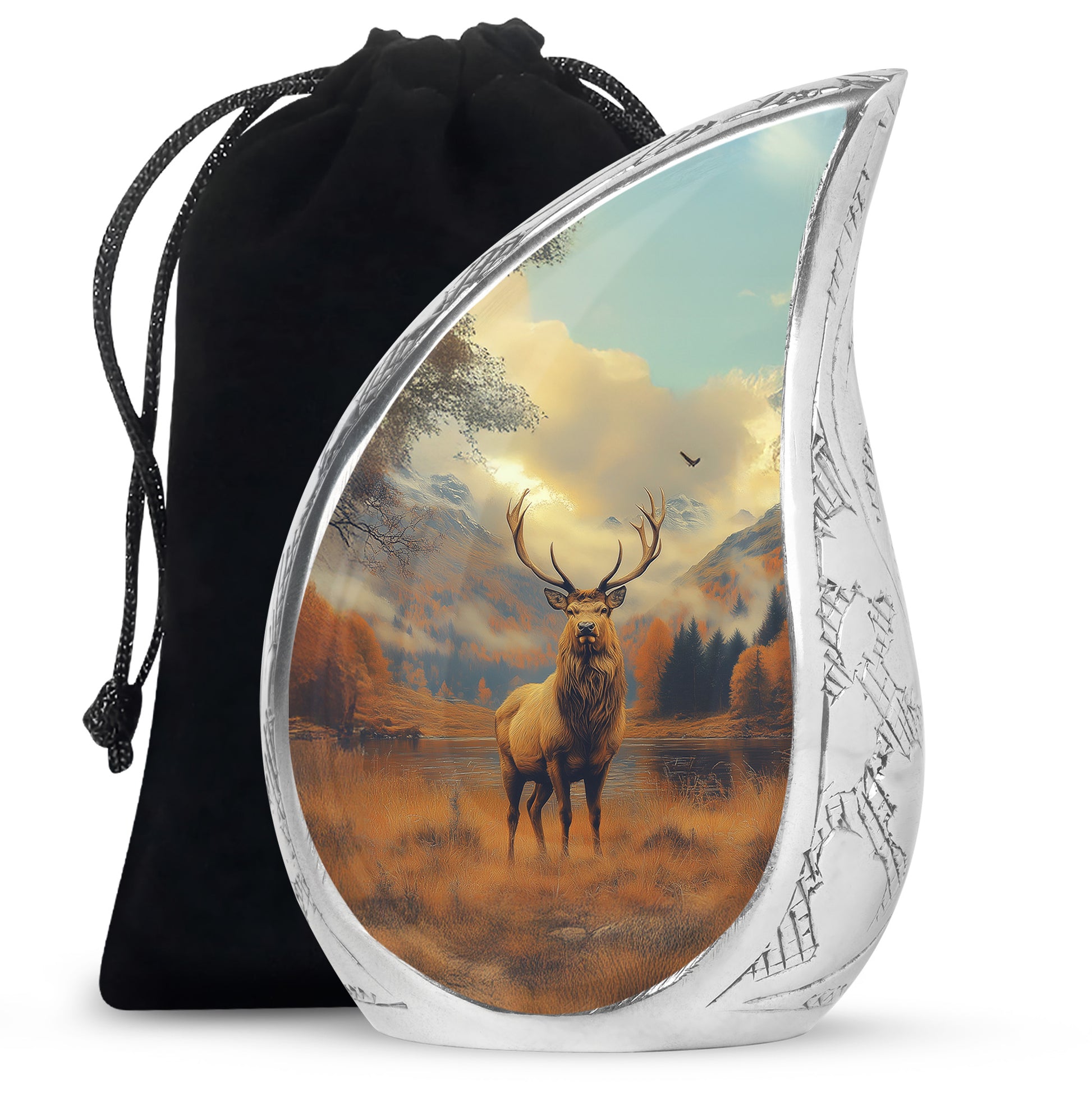 Matte Gold Deer Cremation Urn front view showing detailed design - graceful tear-shaped urn with deer motif - full-size 10 inch 200 cubic inch adult cremation urn