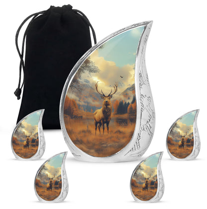 Royal Gold Deer Cremation Urn side profile showing urn shape - smooth teardrop contour featuring deer art - memorial set with one large and four small urns