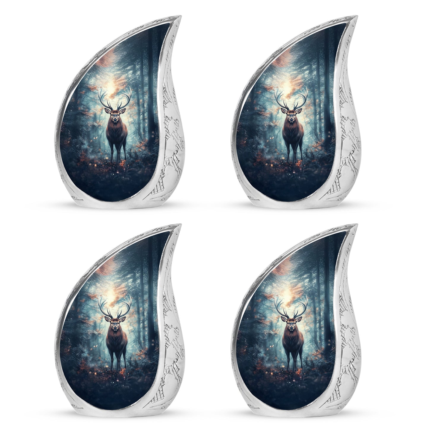 Sky Blue Deer Cremation Urn close-up of engraving and surface detail - flowing teardrop deer silhouette on curved aluminum - 10 inch aluminum urn for cremated remains