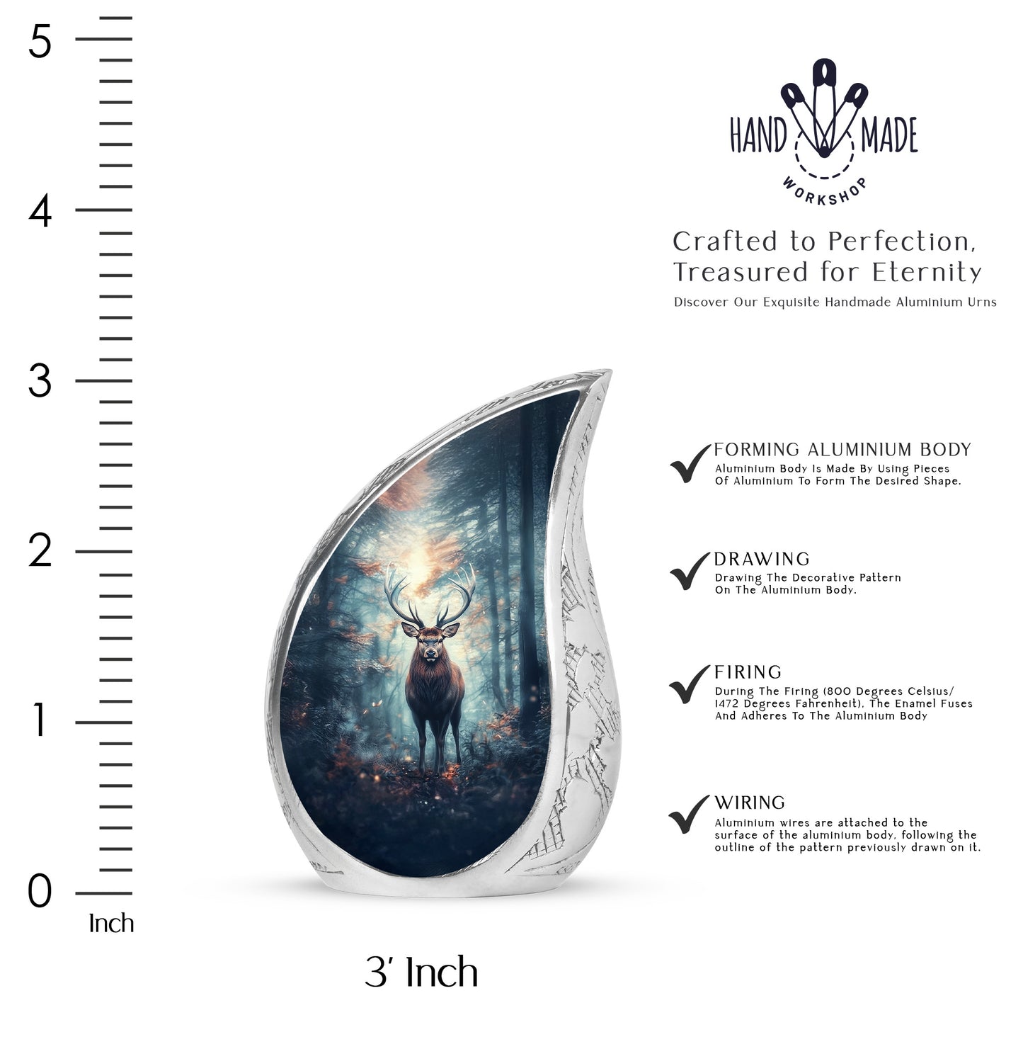 Pastel Blue Deer Cremation Urn angled view of lid and engraved motif - flowing teardrop deer silhouette on curved aluminum - mini keepsake memorial for portion of cremation ashes